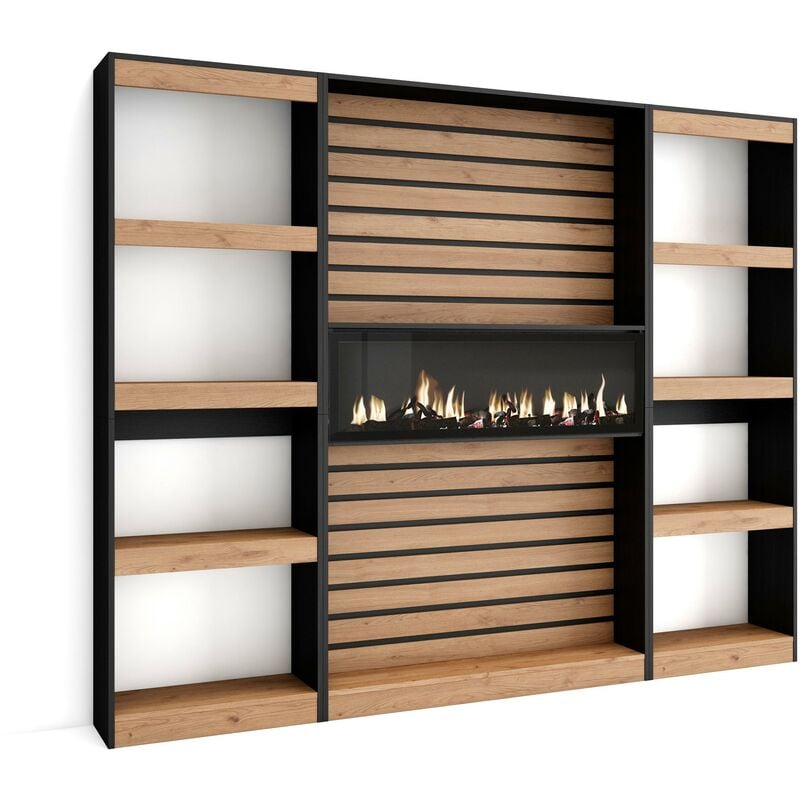 Skraut Home - tagère Bibliothèque, Étagère de Rangement, 230x186x25cm, Salon Salle à manger Bureau, Cheminée électrique, Style moderne, Chêne et noir