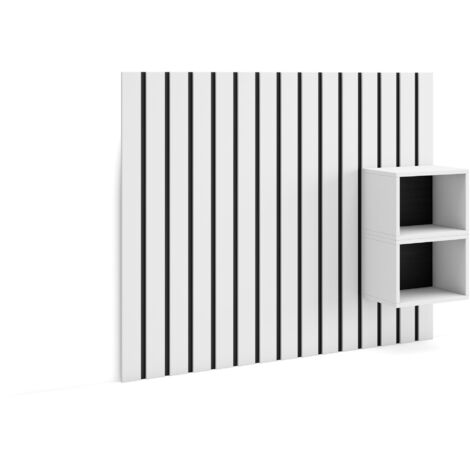 Skraut Home - Kopfteil, Nachttischen - Lamellenwand Holz - 133x3x107 cm - 80,90,110 cm Bett - Stauraum - Moderner Stil - Weiß