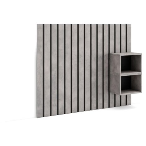 Skraut Home - Kopfteil, Nachttischen - Lamellenwand Holz - 133x3x107 cm - 80,90,110 cm Bett - Stauraum - Moderner Stil - Zement