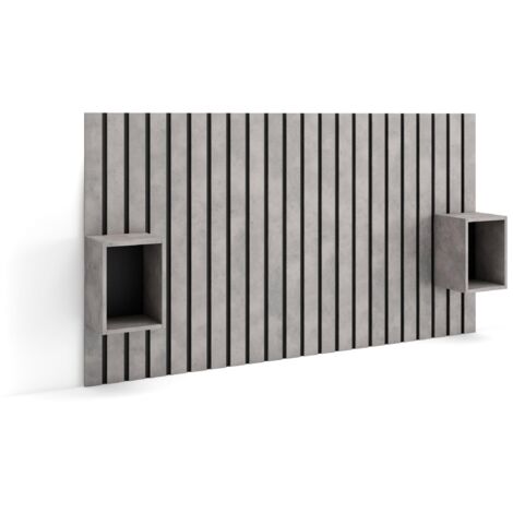 Skraut Home - Kopfteil, Nachttischen - Lamellenwand Holz - 196x3x107 cm - 120,135,140 cm Bett - Stauraum - Moderner Stil - Zement