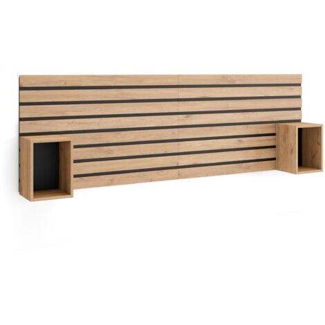 Skraut Home - Kopfteil, Nachttischen - Lamellenwand Holz - 214x3x70 cm - 135,140,150,160 cm Bett - Stauraum - Moderner Stil - Eiche