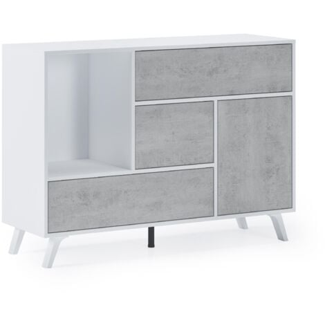 Skraut Home - Madia per Soggiorno o Sala da Pranzo - 86 x 120 x 40 cm - Buffet con 1 Anta + 3 Cassetti - Modello Wind - Legno Resistente - Finitura Bianco/Cemento