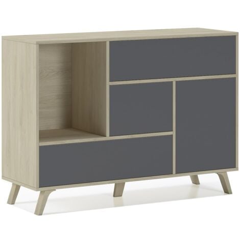 Skraut Home - Madia per Soggiorno o Sala da Pranzo - 86 x 120 x 40 cm - Buffet con 1 Anta + 3 Cassetti - Modello Wind - Legno Resistente - Finitura Rovere/Grigio