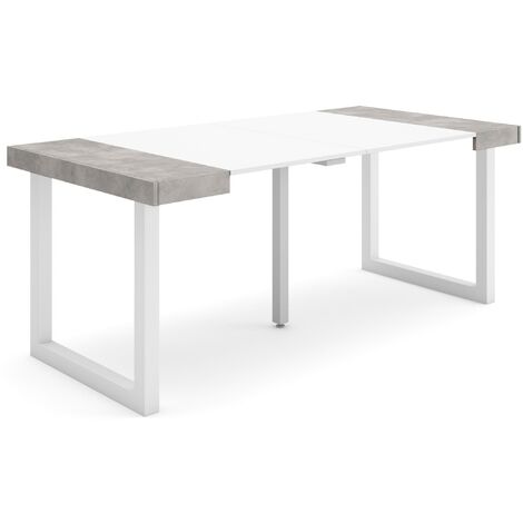 Skraut Home - Mesa Consola extensible, Mesa comedor plegable, 180, Para 8 comensales, Patas madera maciza, Estilo Moderno, Blanco y Gris Cemento