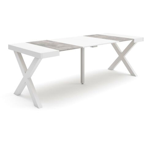 Skraut Home - Mesa Consola extensible, Mesa comedor plegable, 220, Para 10 comensales, Patas madera maciza, Estilo Moderno, Blanco y Gris Cemento