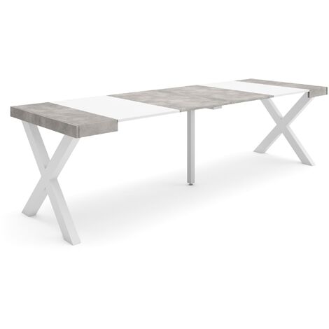 Skraut Home - Mesa Consola extensible, Mesa comedor plegable, 260, Para 12 comensales, Patas madera maciza, Estilo Moderno, Blanco y Gris Cemento