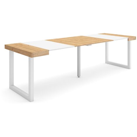 Skraut Home - Mesa Consola extensible, Mesa comedor plegable, 260, Para 12 comensales, Patas madera maciza, Estilo Moderno, Roble y blanco