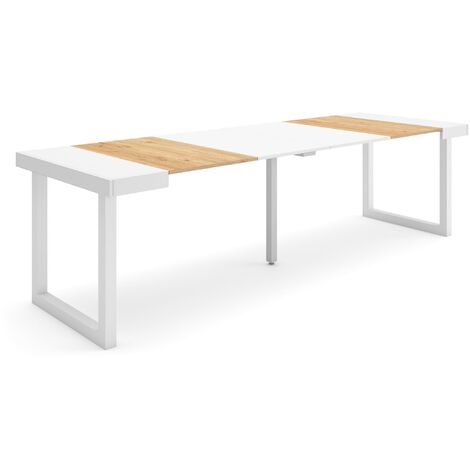 Skraut Home - Mesa Consola extensible, Mesa comedor plegable, 260, Para 12 comensales, Patas madera maciza, Estilo Moderno, Roble y blanco