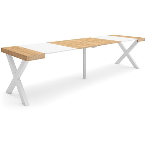 Skraut Home - Mesa Consola extensible, Mesa comedor plegable, 300, Para 14 comensales, Patas madera maciza, Estilo Moderno, Roble y blanco