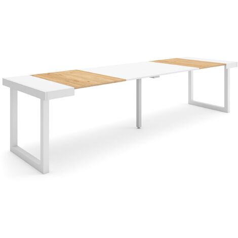 Skraut Home - Mesa Consola extensible, Mesa comedor plegable, 300, Para 14 comensales, Patas madera maciza, Estilo Moderno, Roble y blanco
