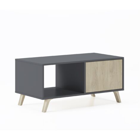 Skraut Home - Mesa de centro con puertas, salón comedor, Modelo WIND, color estructura Gris Antracita, color puertas Roble, medidas 92x50x45cm de altura.