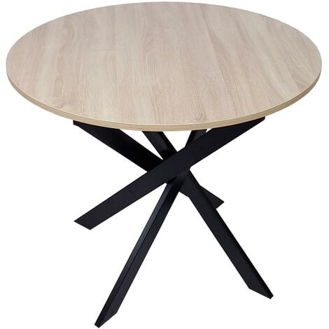 SKRAUT HOME de comedor fija redonda, Modelo Zen, 90 x 90 x 77 cm, Capacidad hasta 4 personas, Materiales resistentes, Acabado madera color roble con patas metálicas color negro lacado mate