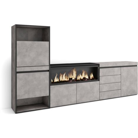 Skraut Home - Meuble à Chaussures, Meuble Rangement Chaussures, 274x145x35 cm, Chambre à coucher, pièce, Cheminée électrique XXL, Commode, Buffet, Style moderne, Gris Ciment