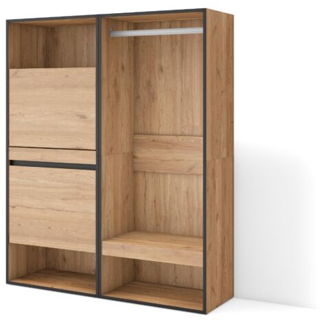 Skraut Home – Meuble à chaussures moderne 120x145x35 cm – Rangement pour 10 paires – Mélamine chêne et noir – Compartiments avec portes abattantes