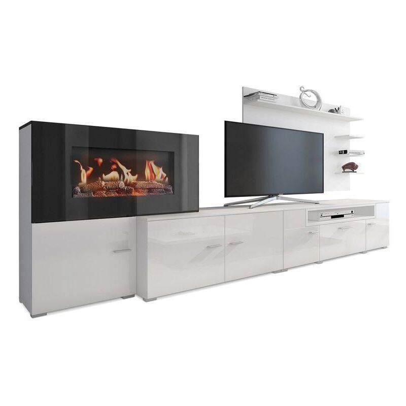 Skraut Home - Meuble de salon avec cheminée électrique à 5 niveaux de flamme, finition Blanc Mat et laqué Blanc Brillant, mesures : 290 x 170 x 45 cm