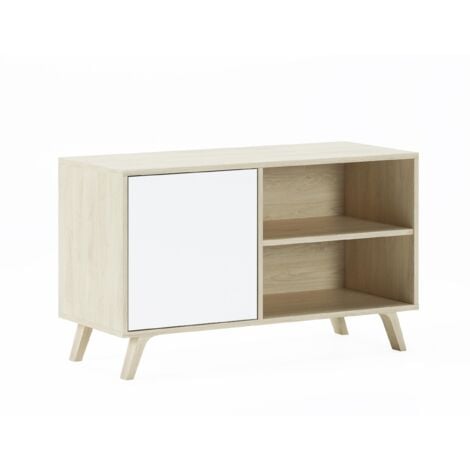 INNOVATION Skraut Home - Meuble TV 100 avec porte à gauche, salon, modèle WIND, structure couleur Chêne, porte couleur Blanche, mesure 95x40x57cm hauteur.