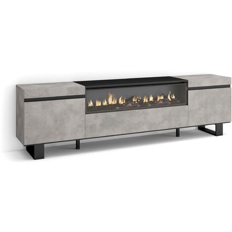 Skraut Home – Meuble TV avec cheminée électrique – Grand espace de rangement 200x57x35cm – Compatible TV jusqu'à 80' – Design industriel gris ciment