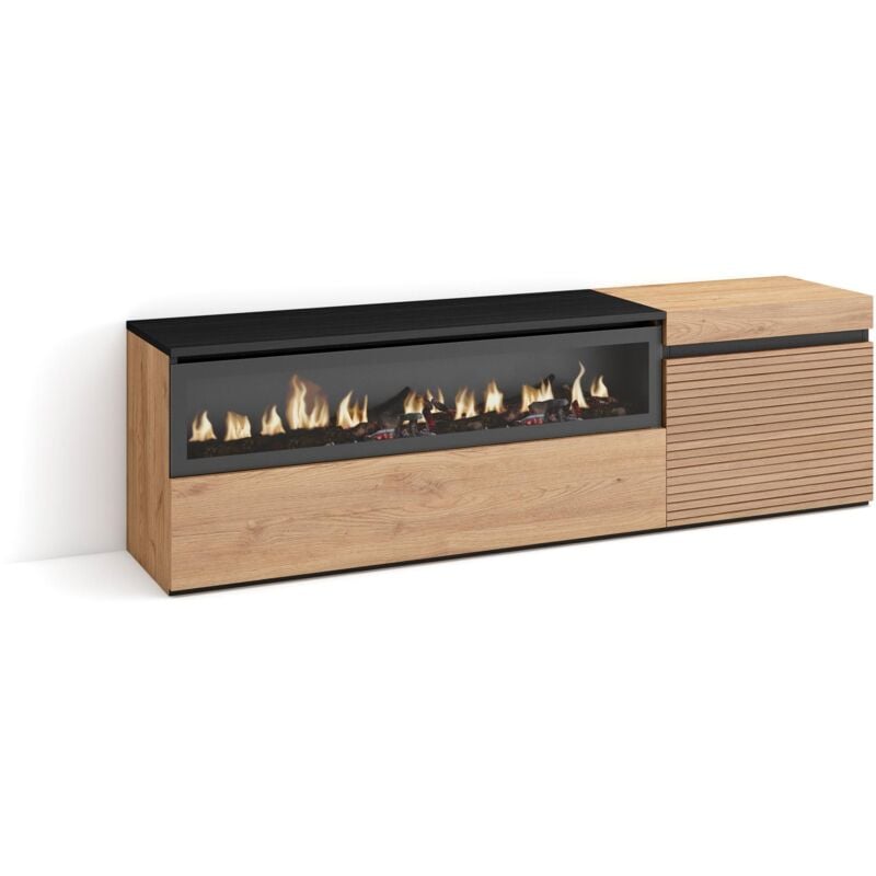Meuble tv, Banc Télé, Grand espace de Rangement, 150x45x35cm, Pour les tv jusqu'à 65', Cheminée électrique, Style moderne, Chêne - Skraut Home