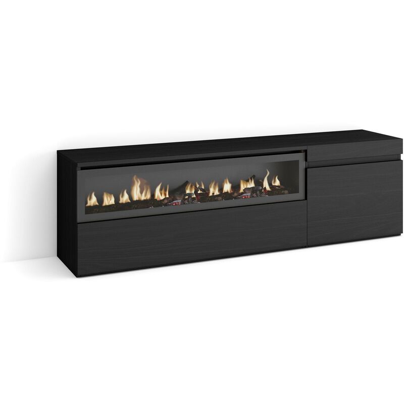 Skraut Home - Meuble tv, Banc Télé, Grand espace de Rangement, 150x45x35cm, Pour les tv jusqu'à 65', Cheminée électrique, Style moderne, Noir