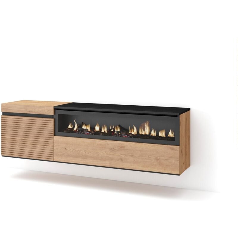 Skraut Home - Meuble tv, Banc Télé, Grand espace de Rangement, 150x45x35cm, Pour les tv jusqu'à 65', Cheminée électrique, Suspendu, Mural, Style