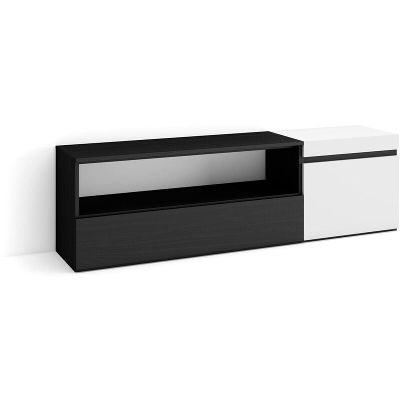 Meuble tv, Banc Télé, Grand espace de Rangement, 150x45x35cm, Pour les tv jusqu'à 65', Meubles de salon, Style moderne, Blanc et noir - Skraut Home