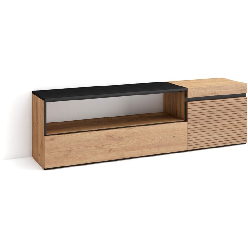 Meuble tv, Banc Télé, Grand espace de Rangement, 150x45x35cm, Pour les tv jusqu'à 65', Meubles de salon, Style moderne, Chêne - Skraut Home