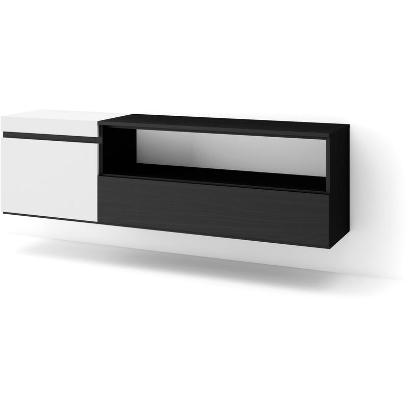 Meuble tv, Banc Télé, Grand espace de Rangement, 150x45x35cm, Pour les tv jusqu'à 65', Suspendu, Mural, Style moderne, Blanc et noir - Skraut Home