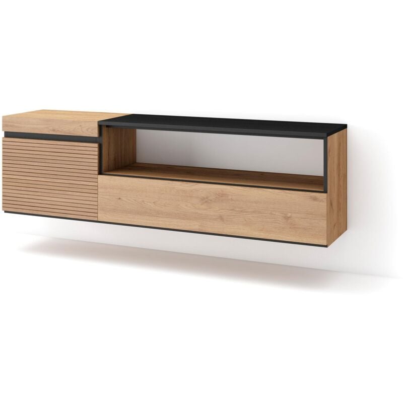 Meuble tv, Banc Télé, Grand espace de Rangement, 150x45x35cm, Pour les tv jusqu'à 65', Suspendu, Mural, Style moderne, Chêne - Skraut Home