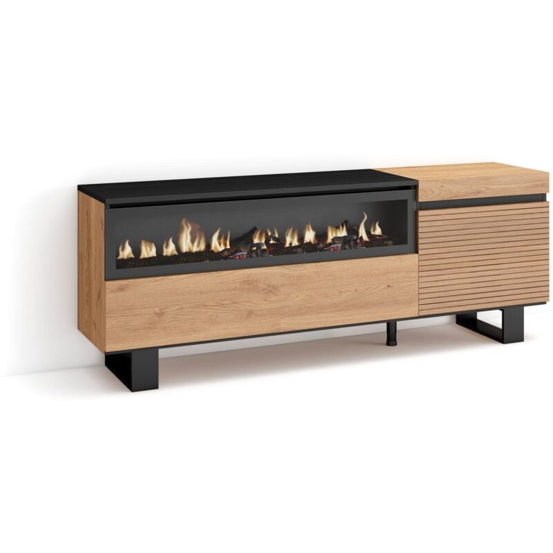 Skraut Home - Meuble tv, Banc Télé, Grand espace de Rangement, 150x57x35cm, Pour les tv jusqu'à 65', Cheminée électrique, Design industriel, Style
