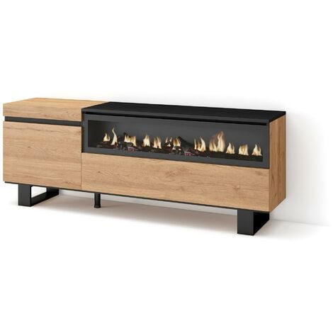 Skraut Home - Meuble TV, Banc Télé, Grand espace de Rangement, 150x57x35cm, Pour les TV jusqu'à 65", Cheminée électrique, Design industriel, Style moderne, Chêne et noir