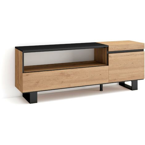 Skraut Home - Meuble TV, Banc Télé, Grand espace de Rangement, 150x57x35cm, Pour les TV jusqu'à 65", Design industriel, Style moderne, Chêne et noir