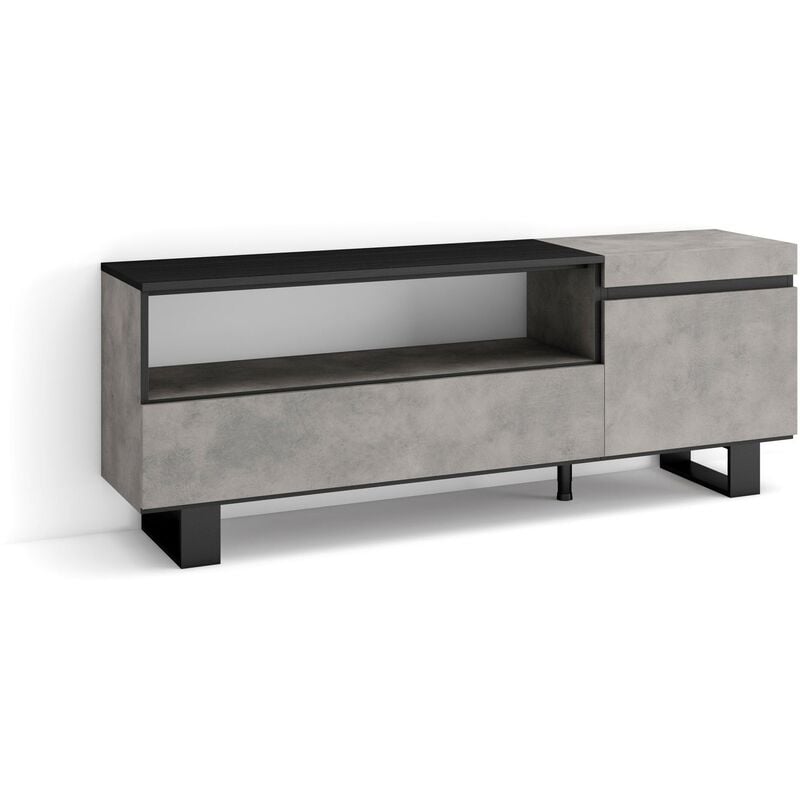 Meuble tv, Banc Télé, Grand espace de Rangement, 150x57x35cm, Pour les tv jusqu'à 65', Design industriel, Style moderne, Gris Ciment - Skraut Home