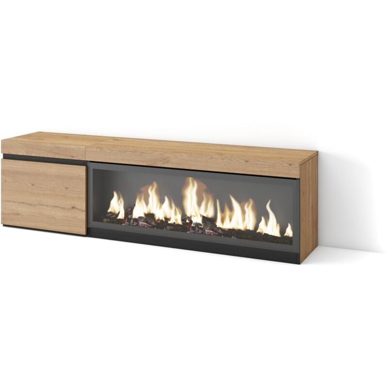 Meuble tv, Banc Télé, Grand espace de Rangement, 160, Pour les tv jusqu'à 65', Cheminée électrique xxl, Style moderne, Chêne - Skraut Home