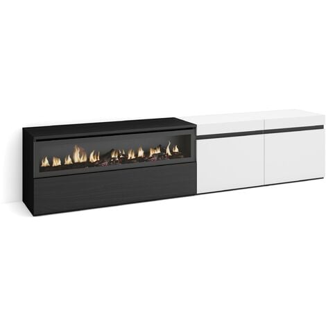 Skraut Home - Meuble TV, Banc Télé, Grand espace de Rangement, 200x45x35cm, Pour les TV jusqu'à 80", Cheminée électrique, Style moderne, Blanc et noir