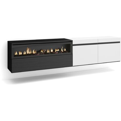 Skraut Home - Meuble TV, Banc Télé, Grand espace de Rangement, 200x45x35cm, Pour les TV jusqu'à 80", Cheminée électrique, Suspendu, Mural, Style moderne, Blanc et noir