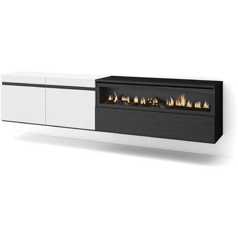 Skraut Home - Meuble TV, Banc Télé, Grand espace de Rangement, 200x45x35cm, Pour les TV jusqu'à 80", Cheminée électrique, Suspendu, Mural, Style moderne, Blanc et noir