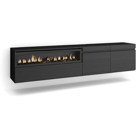 Skraut Home - Meuble TV, Banc Télé, Grand espace de Rangement, 200x45x35cm, Pour les TV jusqu'à 80", Cheminée électrique, Suspendu, Mural, Style moderne, Noir