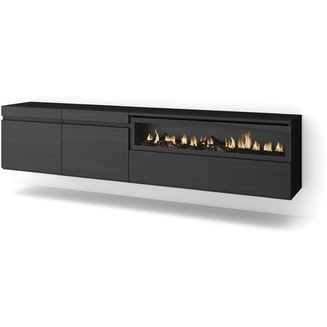 Skraut Home - Meuble TV, Banc Télé, Grand espace de Rangement, 200x45x35cm, Pour les TV jusqu'à 80", Cheminée électrique, Suspendu, Mural, Style moderne, Noir