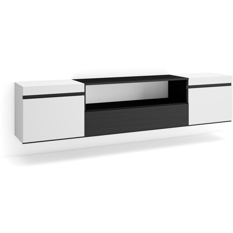 Meuble tv, Banc Télé, Grand espace de Rangement, 200x45x35cm, Pour les tv jusqu'à 80', Suspendu, Mural, Style moderne, Blanc et noir - Skraut Home