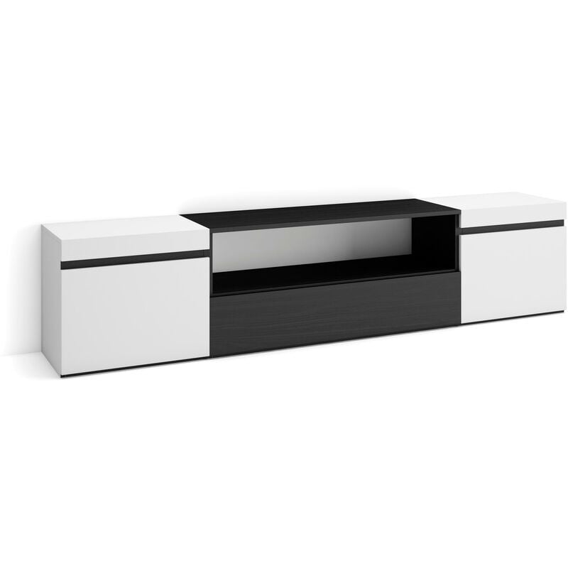Meuble tv, Banc Télé, Grand espace de Rangement, 200x45x35cm, Pour les tv jusqu'à 80', Meubles de salon, Style moderne, Blanc et noir - Skraut Home