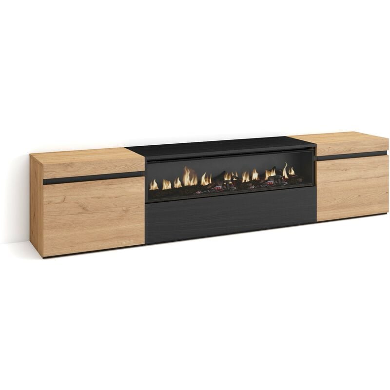 Skraut Home - Meuble tv, Banc Télé, Grand espace de Rangement, 200x45x35cm, Pour les tv jusqu'à 80', Cheminée électrique, Style moderne, Chêne et noir