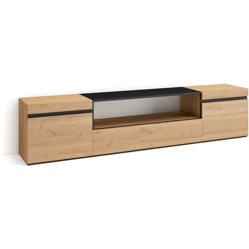 Meuble tv, Banc Télé, Grand espace de Rangement, 200x45x35cm, Pour les tv jusqu'à 80', Meubles de salon, Style moderne, Chêne et noir - Skraut Home
