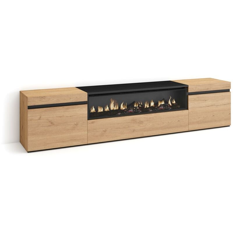 Skraut Home - Meuble tv, Banc Télé, Grand espace de Rangement, 200x45x35cm, Pour les tv jusqu'à 80', Cheminée électrique, Style moderne, Chêne et noir