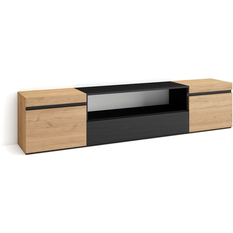 Meuble tv, Banc Télé, Grand espace de Rangement, 200x45x35cm, Pour les tv jusqu'à 80', Meubles de salon, Style moderne, Chêne et noir - Skraut Home