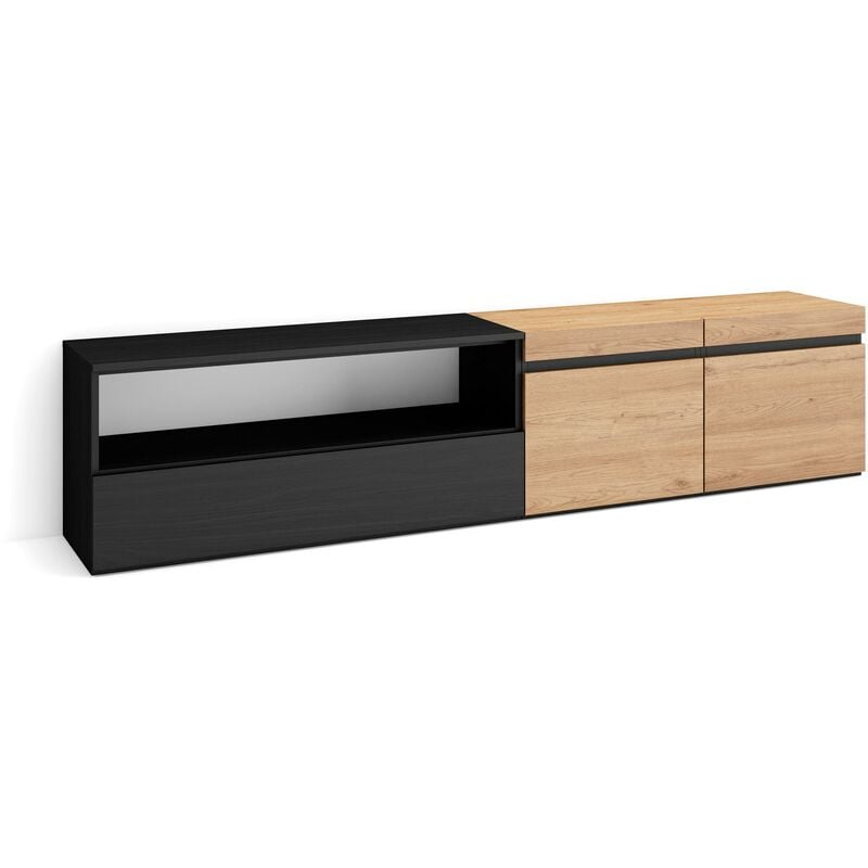 Meuble tv, Banc Télé, Grand espace de Rangement, 200x45x35cm, Pour les tv jusqu'à 80', Meubles de salon, Style moderne, Chêne et noir - Skraut Home