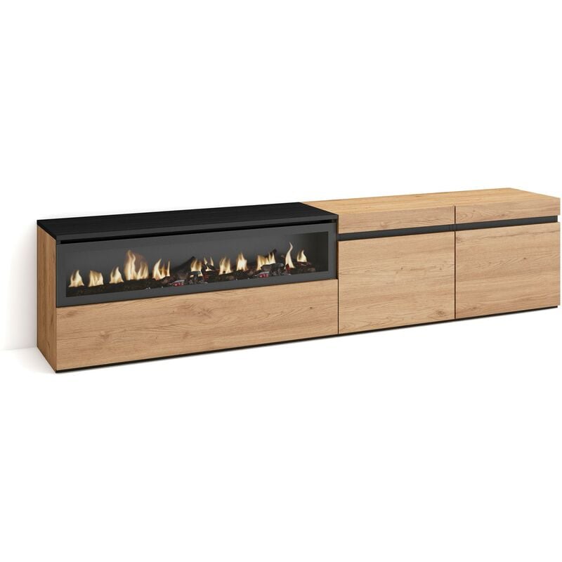 Skraut Home - Meuble tv, Banc Télé, Grand espace de Rangement, 200x45x35cm, Pour les tv jusqu'à 80', Cheminée électrique, Style moderne, Chêne et noir