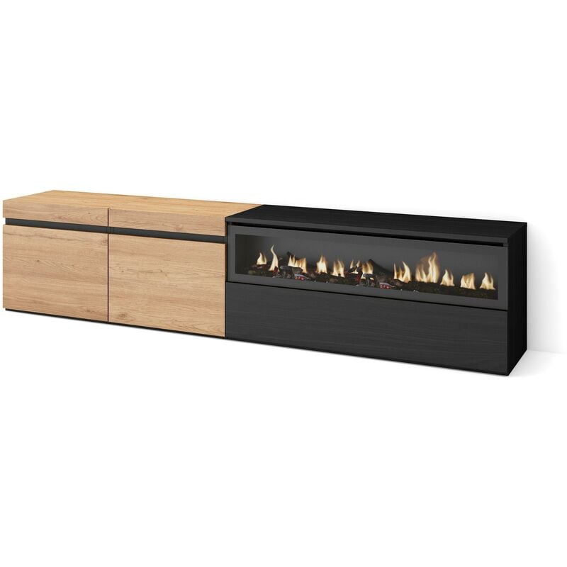 Skraut Home - Meuble TV, Banc Télé, Grand espace de Rangement, 200x45x35cm, Pour les TV jusqu'à 80", Cheminée électrique, Style moderne, Chêne et noir