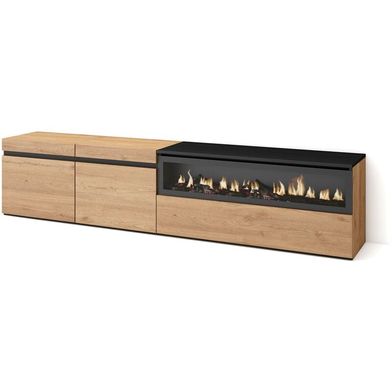 Skraut Home - Meuble tv, Banc Télé, Grand espace de Rangement, 200x45x35cm, Pour les tv jusqu'à 80', Cheminée électrique, Style moderne, Chêne et noir
