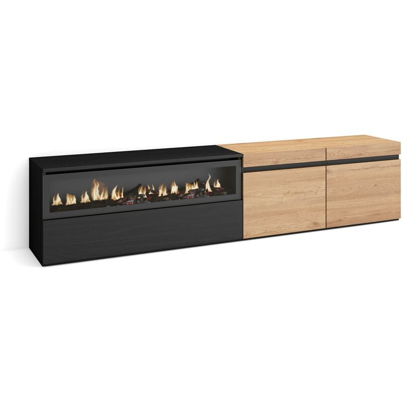 Skraut Home - Meuble tv, Banc Télé, Grand espace de Rangement, 200x45x35cm, Pour les tv jusqu'à 80', Cheminée électrique, Style moderne, Chêne et noir