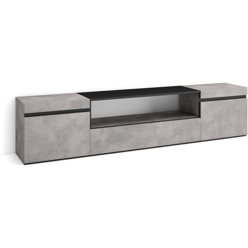 Meuble tv, Banc Télé, Grand espace de Rangement, 200x45x35cm, Pour les tv jusqu'à 80', Meubles de salon, Style moderne, Gris Ciment - Skraut Home